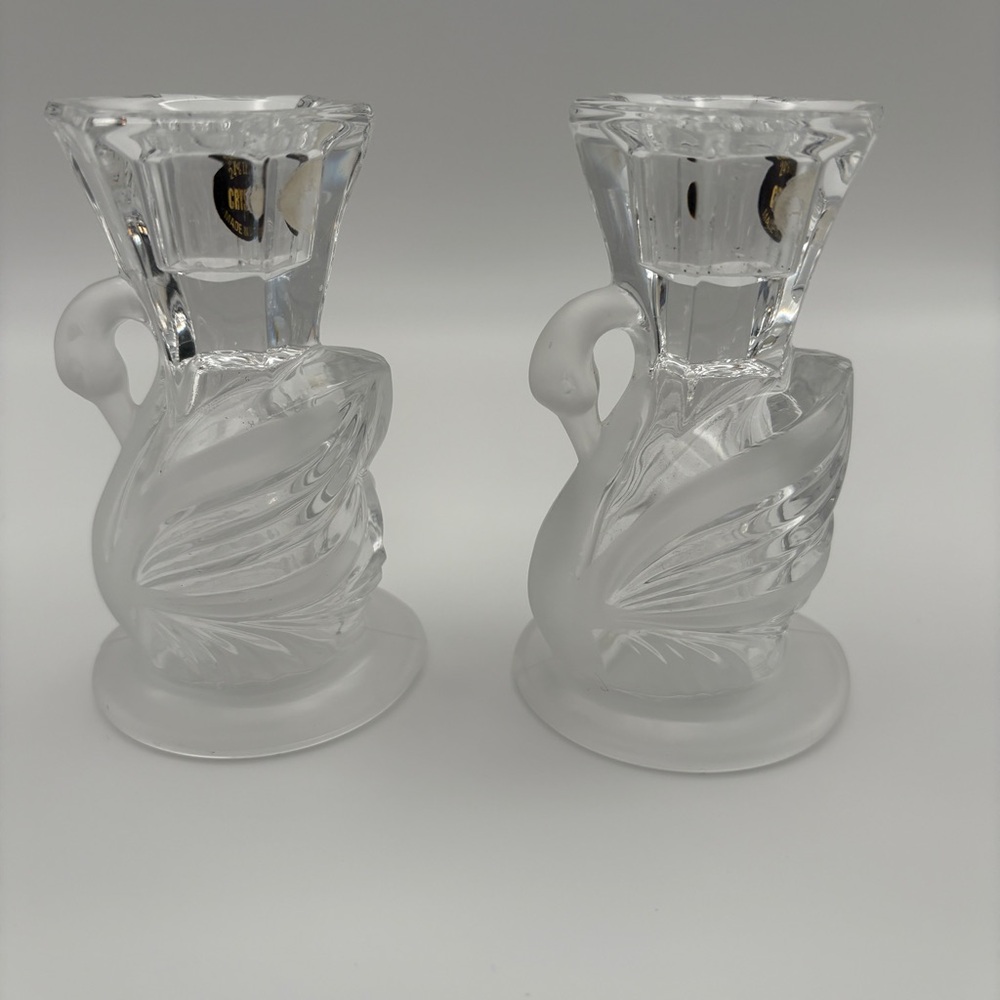 Set of Two Clear and Frosted Lead Crystal Swan Candle Stick Holders